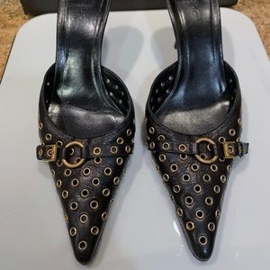 Gucci Black Leather Kitten Heels with Gold Grommet